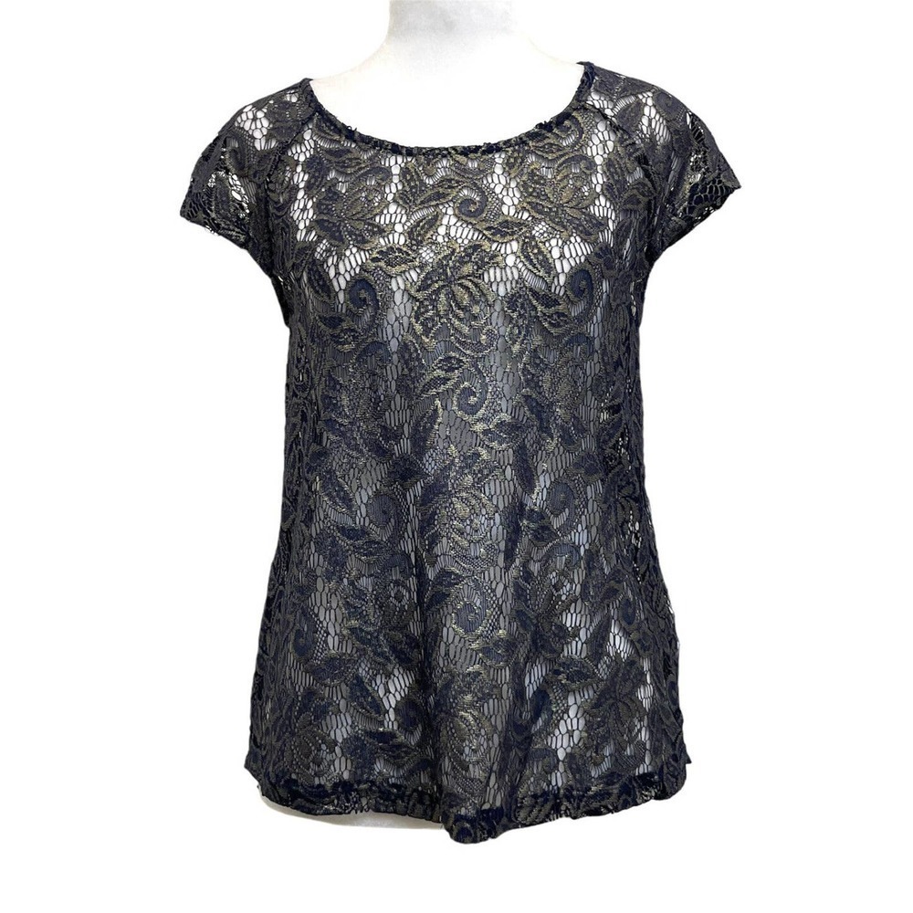 Zara Trafaluc Blue & Gold Sheer Floral Lace Open Back Top